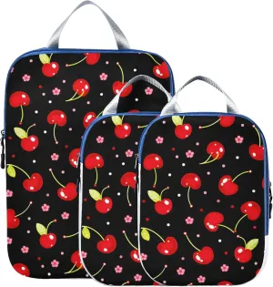 MNSRUU Compression Packing Cubes for Suitcases 3 Set, Cherries with Flowers on Black Travel Luggage Organiser Portable Toiletry Storage Bags for Clothes Shoes Home Storage