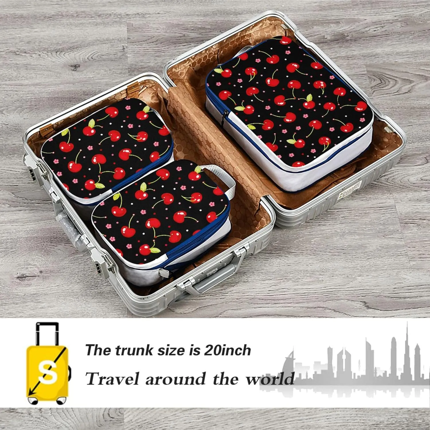 MNSRUU Compression Packing Cubes for Suitcases 3 Set, Cherries with Flowers on Black Travel Luggage Organiser Portable Toiletry Storage Bags for Clothes Shoes Home Storage