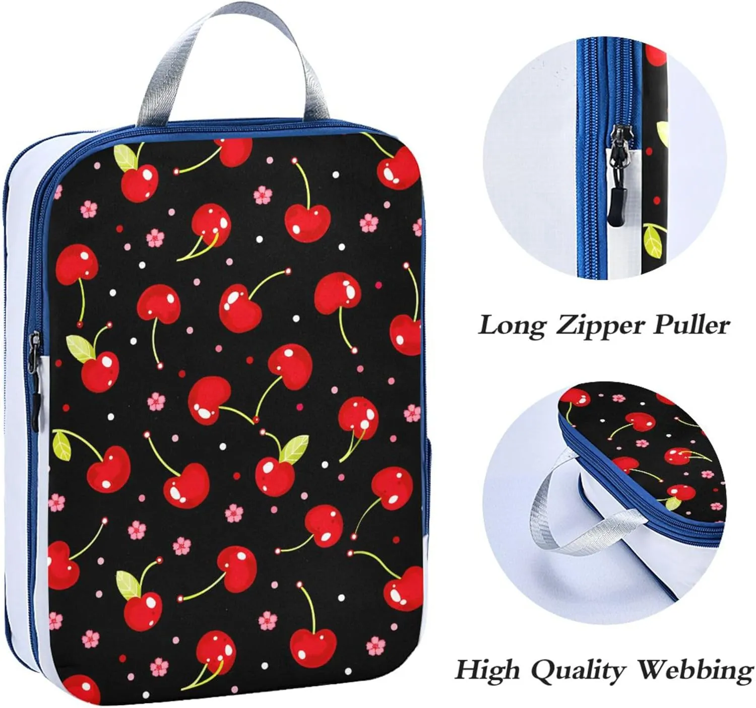 MNSRUU Compression Packing Cubes for Suitcases 3 Set, Cherries with Flowers on Black Travel Luggage Organiser Portable Toiletry Storage Bags for Clothes Shoes Home Storage