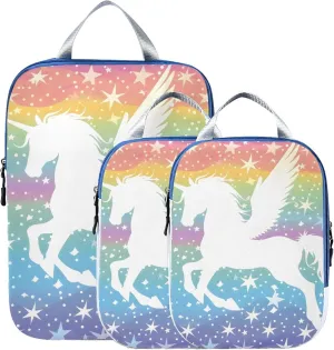 MNSRUU Compression Packing Cubes for Suitcases 3 Set, Winged Unicorn and Stars Travel Luggage Organiser Portable Toiletry Storage Bags for Clothes Shoes Home Storage