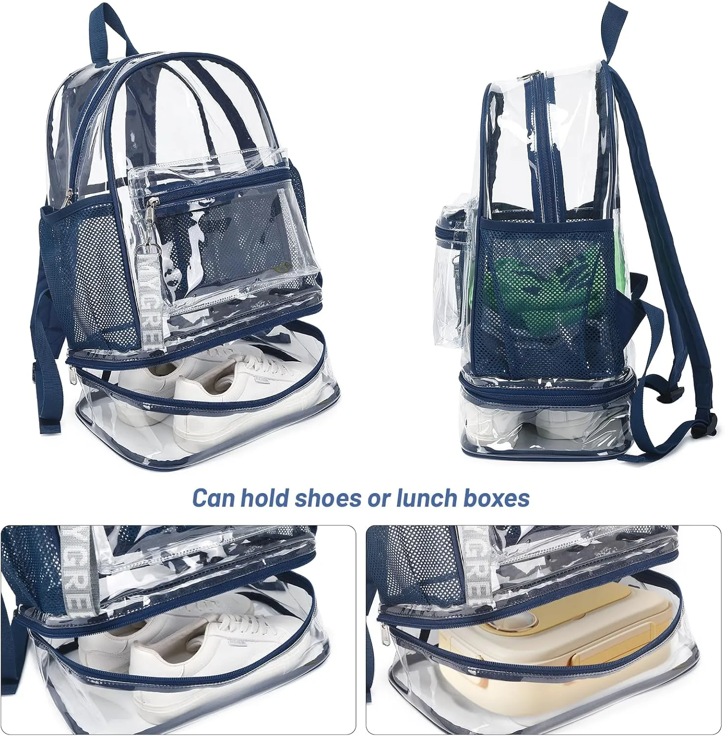 mygreen Clear Backpack with Bottom Compartment for Lunch Box or Shoes, 2-in-1 Design for School, Sports, Work, Stadium, Security, Travel, College Pink