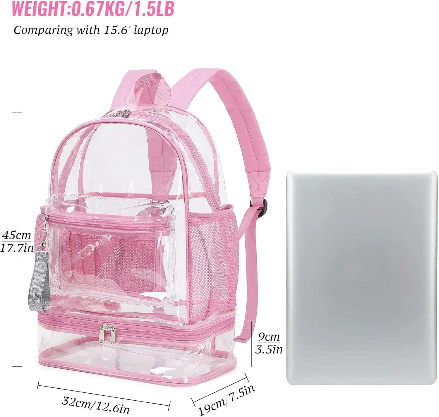 mygreen Clear Backpack with Bottom Compartment for Lunch Box or Shoes, 2-in-1 Design for School, Sports, Work, Stadium, Security, Travel, College Pink