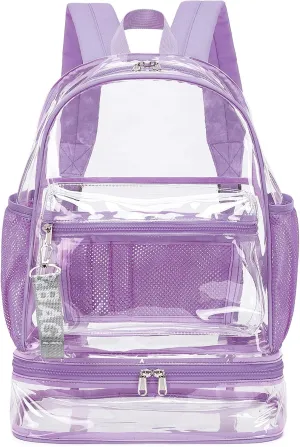 mygreen Clear Backpack with Bottom Compartment for Lunch Box or Shoes, 2-in-1 Design for School, Sports, Work, Stadium, Security, Travel, College Purple