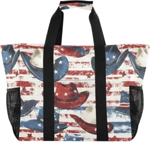 Nander American Flag Style Cowboy Hat Reusable Grocery Bags,Large Grocery Tote Bag Water Resistant Shopping Bags Foldable Grocery Bag for Clothes,Shoes and Picnic
