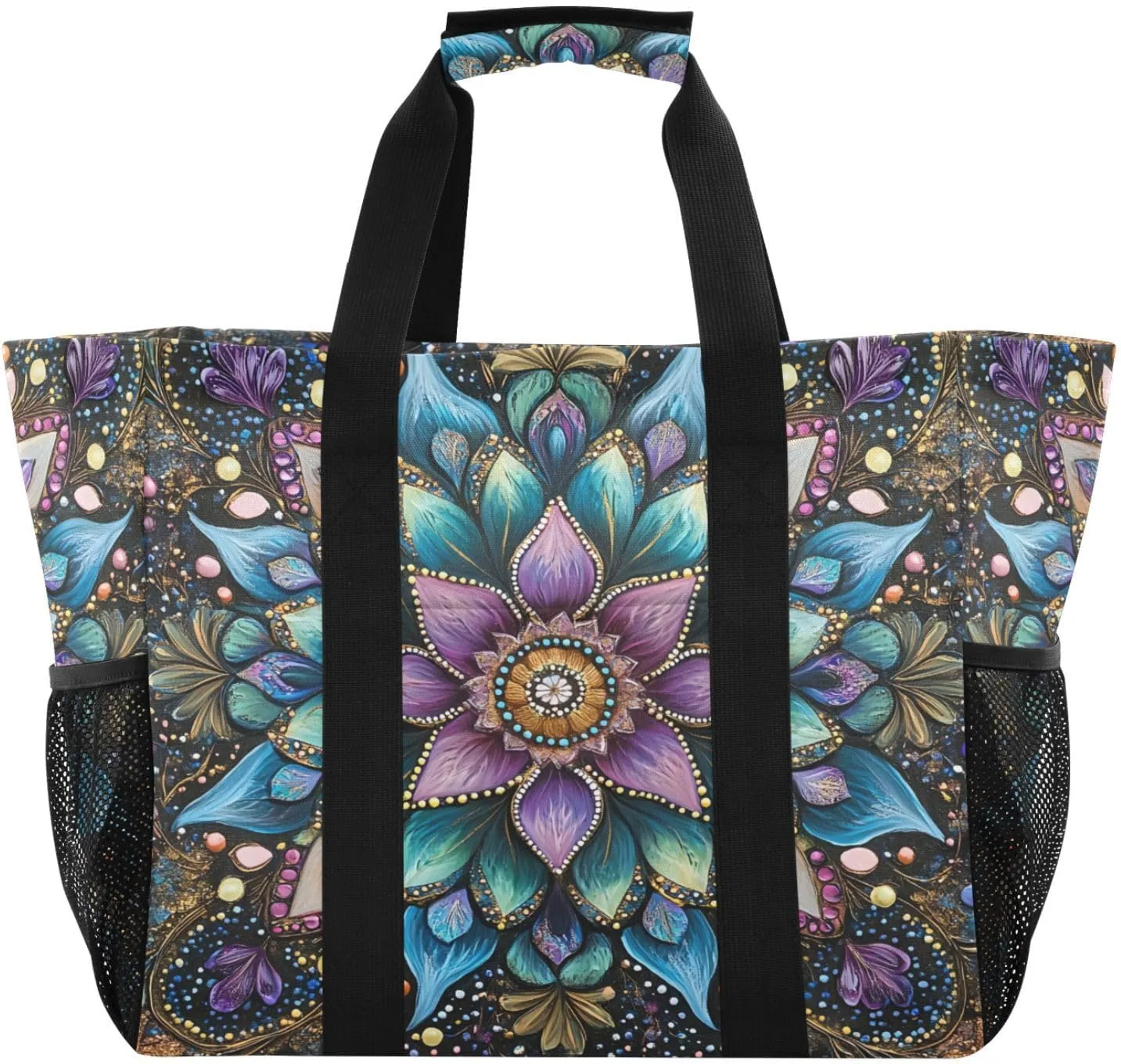 Nander Beautiful Colored Mandala Reusable Grocery Bags,Large Grocery Tote Bag Water Resistant Shopping Bags Foldable Grocery Bag for Clothes,Shoes and Picnic