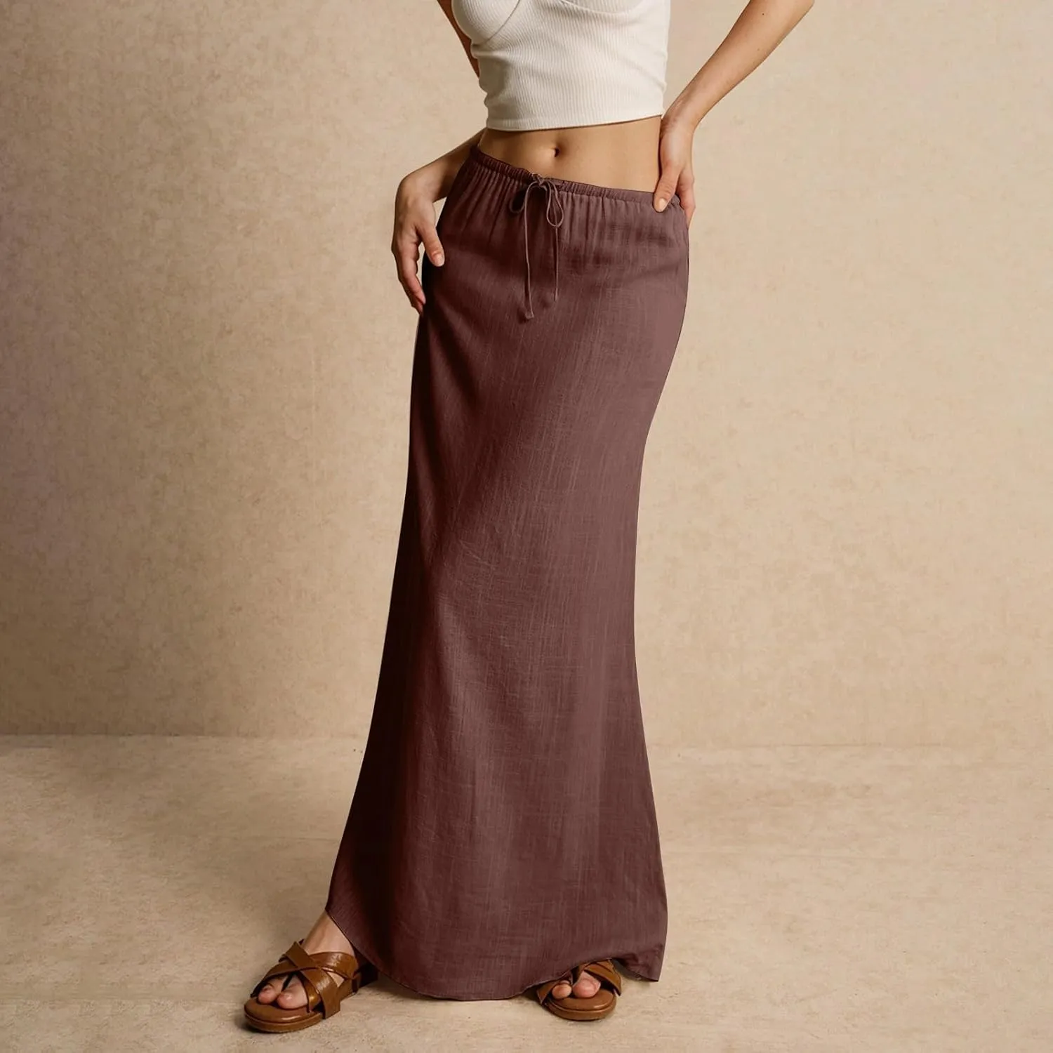 NBXNZWF Linen Skirts for Women 2025 Trendy Summer Low Rise A-Line Maxi Skirts Drawstring Waist Flowy Beach Cover Up Outfit