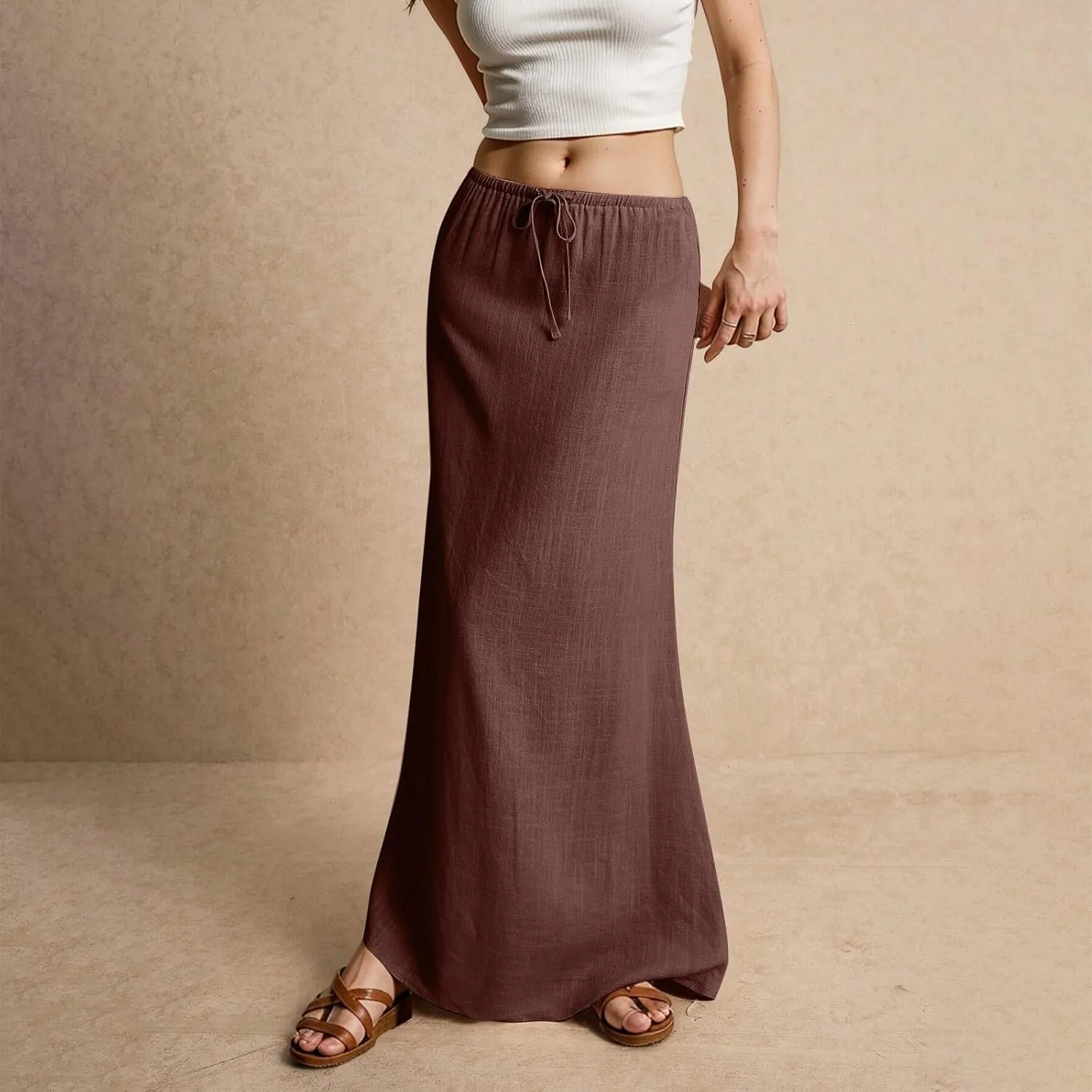 NBXNZWF Linen Skirts for Women 2025 Trendy Summer Low Rise A-Line Maxi Skirts Drawstring Waist Flowy Beach Cover Up Outfit