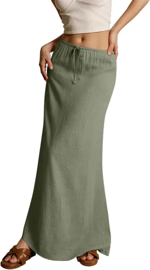 NBXNZWF Linen Skirts for Women 2025 Trendy Summer Low Rise A-Line Maxi Skirts Drawstring Waist Flowy Beach Cover Up Outfit