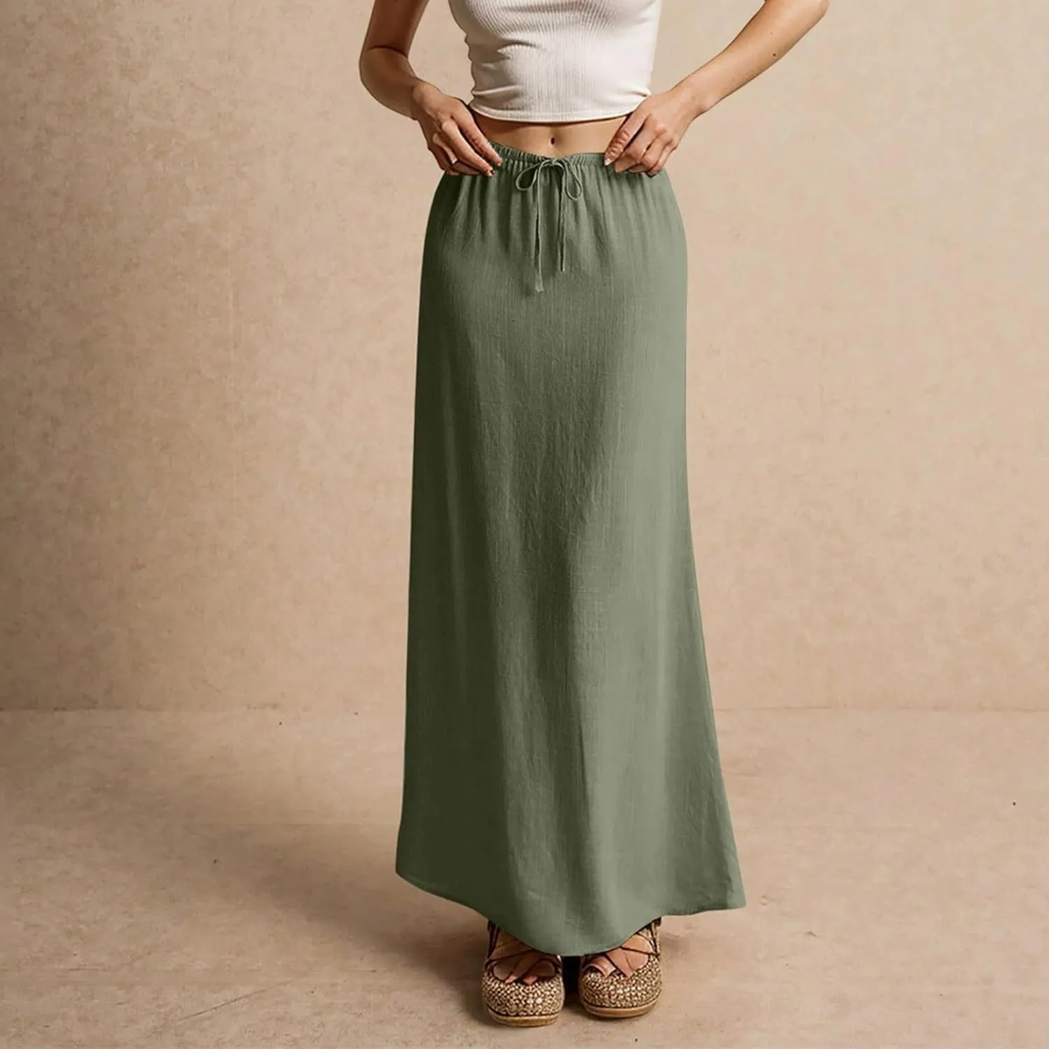 NBXNZWF Linen Skirts for Women 2025 Trendy Summer Low Rise A-Line Maxi Skirts Drawstring Waist Flowy Beach Cover Up Outfit