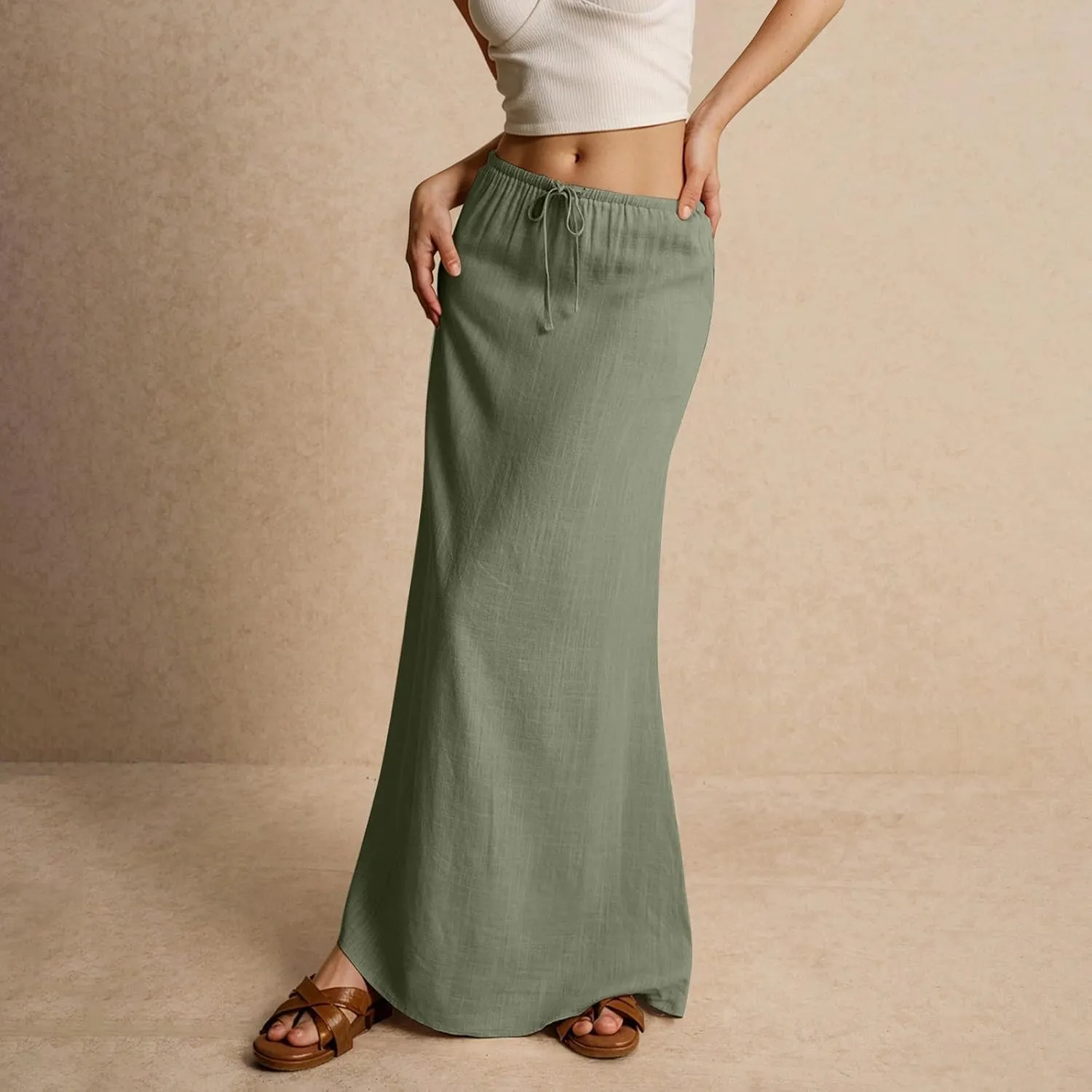 NBXNZWF Linen Skirts for Women 2025 Trendy Summer Low Rise A-Line Maxi Skirts Drawstring Waist Flowy Beach Cover Up Outfit