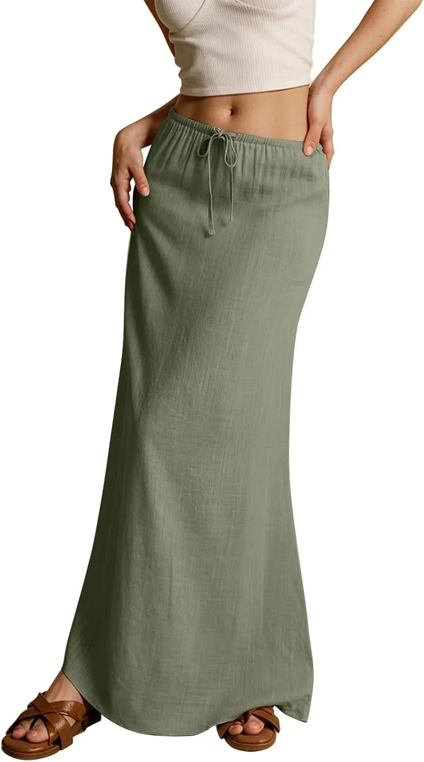 NBXNZWF Linen Skirts for Women 2025 Trendy Summer Low Rise A-Line Maxi Skirts Drawstring Waist Flowy Beach Cover Up Outfit
