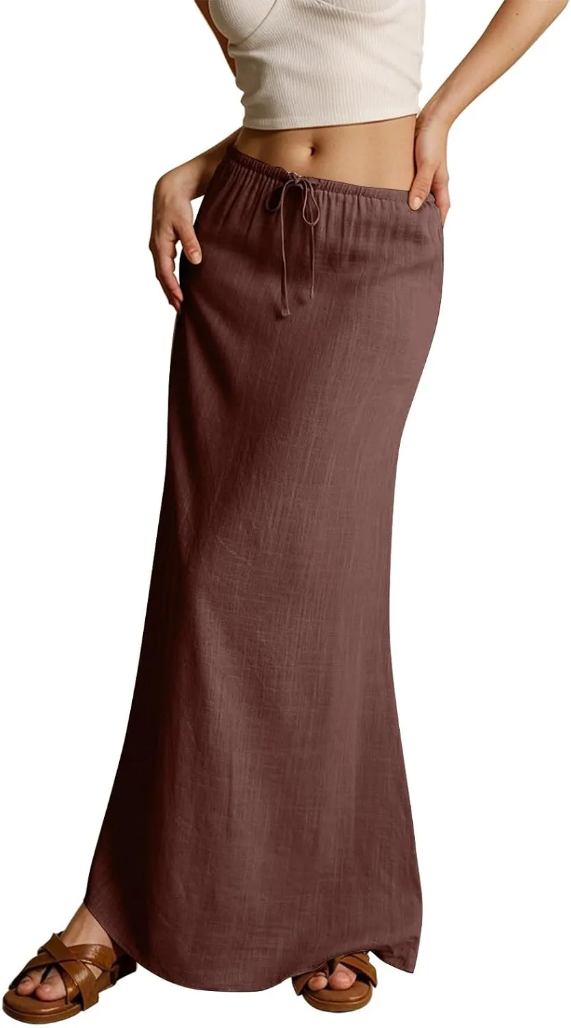 NBXNZWF Linen Skirts for Women 2025 Trendy Summer Low Rise A-Line Maxi Skirts Drawstring Waist Flowy Beach Cover Up Outfit