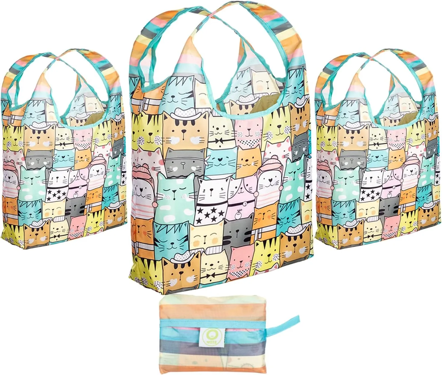 O-WITZ Reusable Grocery Bags | Vibrant Tote Bag For Groceries, Gym, Beach Gear, Toys & More | Washable Design With Large Handles For Maximum Convenience | Folds Into A Small Pouch, 3 Pack, Cats