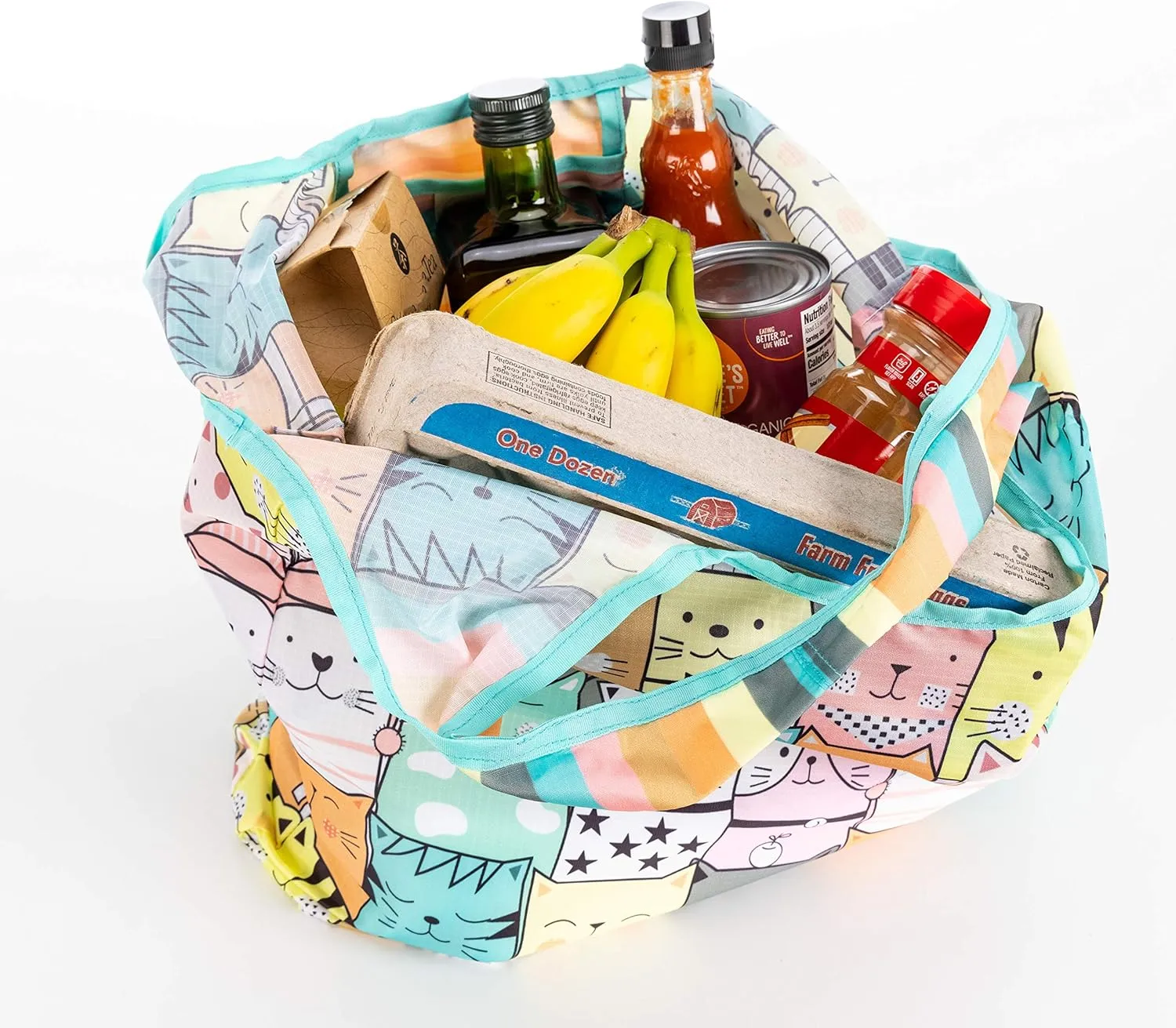 O-WITZ Reusable Grocery Bags | Vibrant Tote Bag For Groceries, Gym, Beach Gear, Toys & More | Washable Design With Large Handles For Maximum Convenience | Folds Into A Small Pouch, 3 Pack, Cats