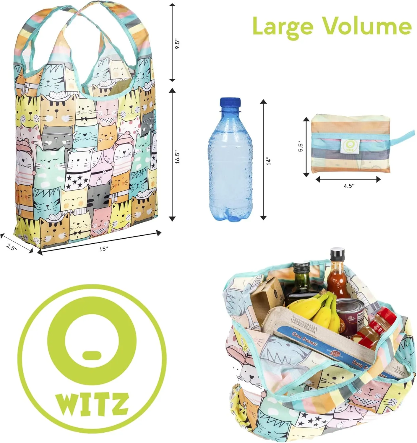O-WITZ Reusable Grocery Bags | Vibrant Tote Bag For Groceries, Gym, Beach Gear, Toys & More | Washable Design With Large Handles For Maximum Convenience | Folds Into A Small Pouch, 3 Pack, Cats