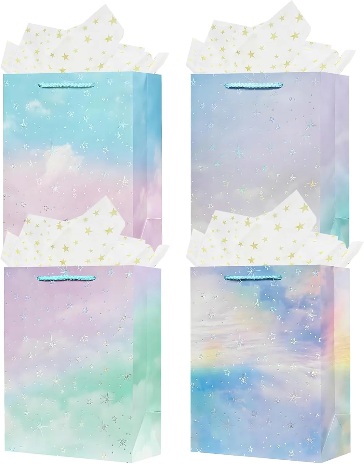 OFIHANLY 4Pcs 9" Small Size Gift Bag with Handles for Women Men Girls Boy Baby Kids Party Star Paper Gift Wrap Bags with Tissue Paper for Birthday, Party, Baby Shower, Wedding, Bridal Shower, Anniversary