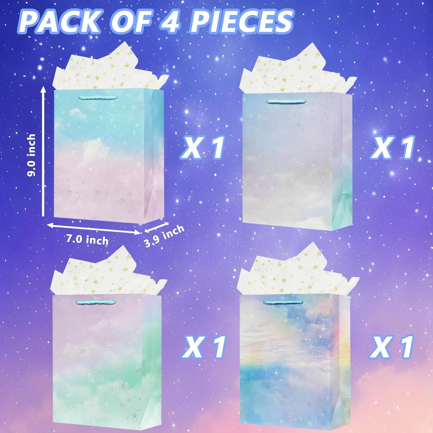 OFIHANLY 4Pcs 9" Small Size Gift Bag with Handles for Women Men Girls Boy Baby Kids Party Star Paper Gift Wrap Bags with Tissue Paper for Birthday, Party, Baby Shower, Wedding, Bridal Shower, Anniversary