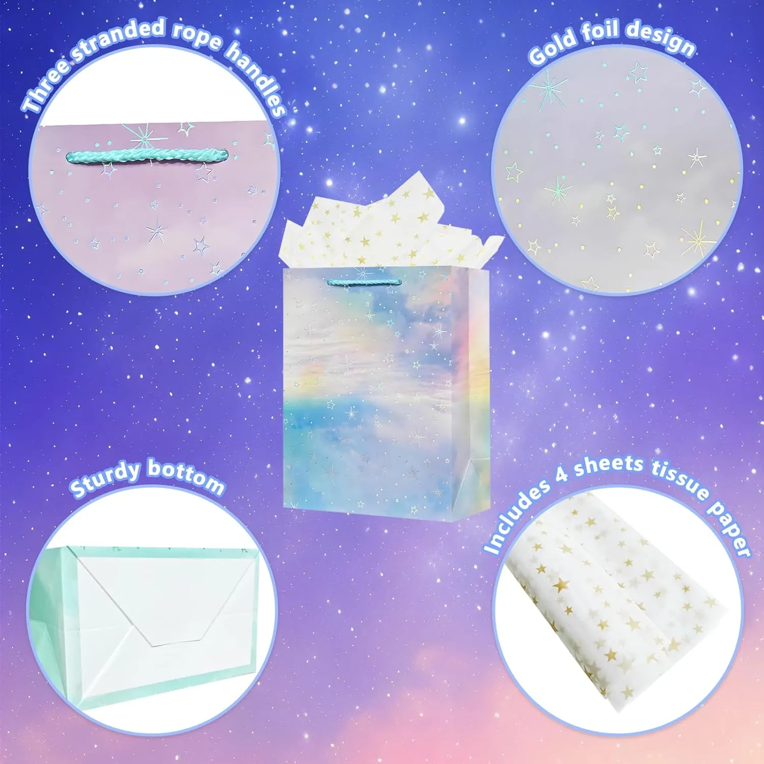 OFIHANLY 4Pcs 9" Small Size Gift Bag with Handles for Women Men Girls Boy Baby Kids Party Star Paper Gift Wrap Bags with Tissue Paper for Birthday, Party, Baby Shower, Wedding, Bridal Shower, Anniversary