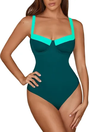 One Piece Swimsuit Women Tummy Control Push Up Underwire Swimwear Cheeky Bathing Suit Color Block Monokini
