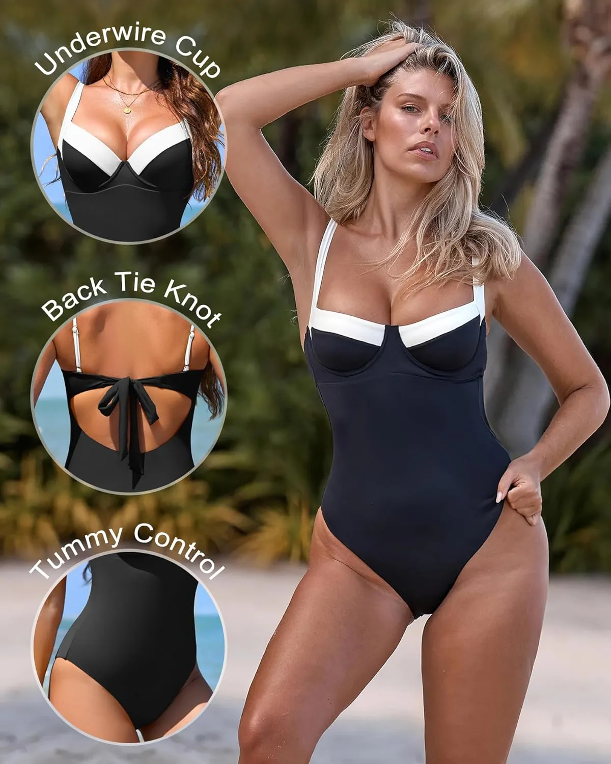 One Piece Swimsuit Women Tummy Control Push Up Underwire Swimwear Cheeky Bathing Suit Color Block Monokini