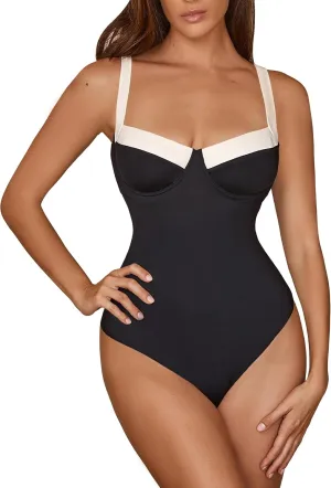 One Piece Swimsuit Women Tummy Control Push Up Underwire Swimwear Cheeky Bathing Suit Color Block Monokini