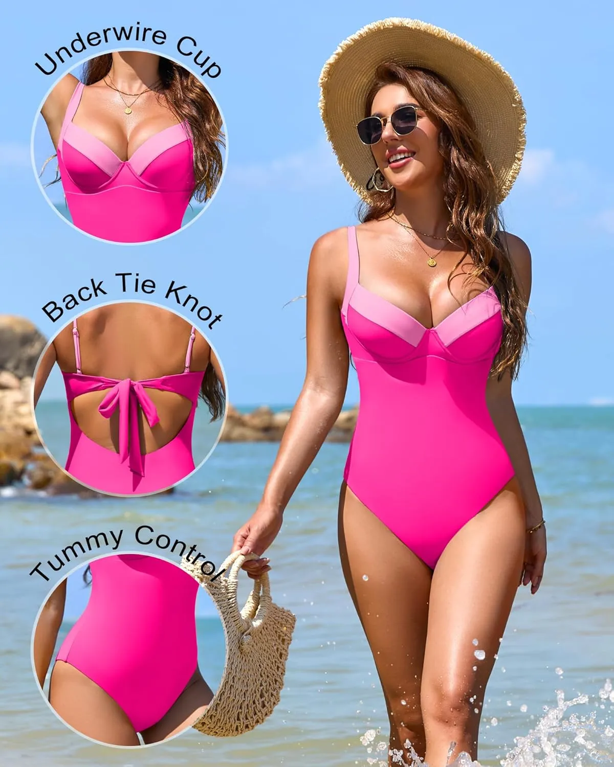 One Piece Swimsuit Women Tummy Control Push Up Underwire Swimwear Cheeky Bathing Suit Color Block Monokini
