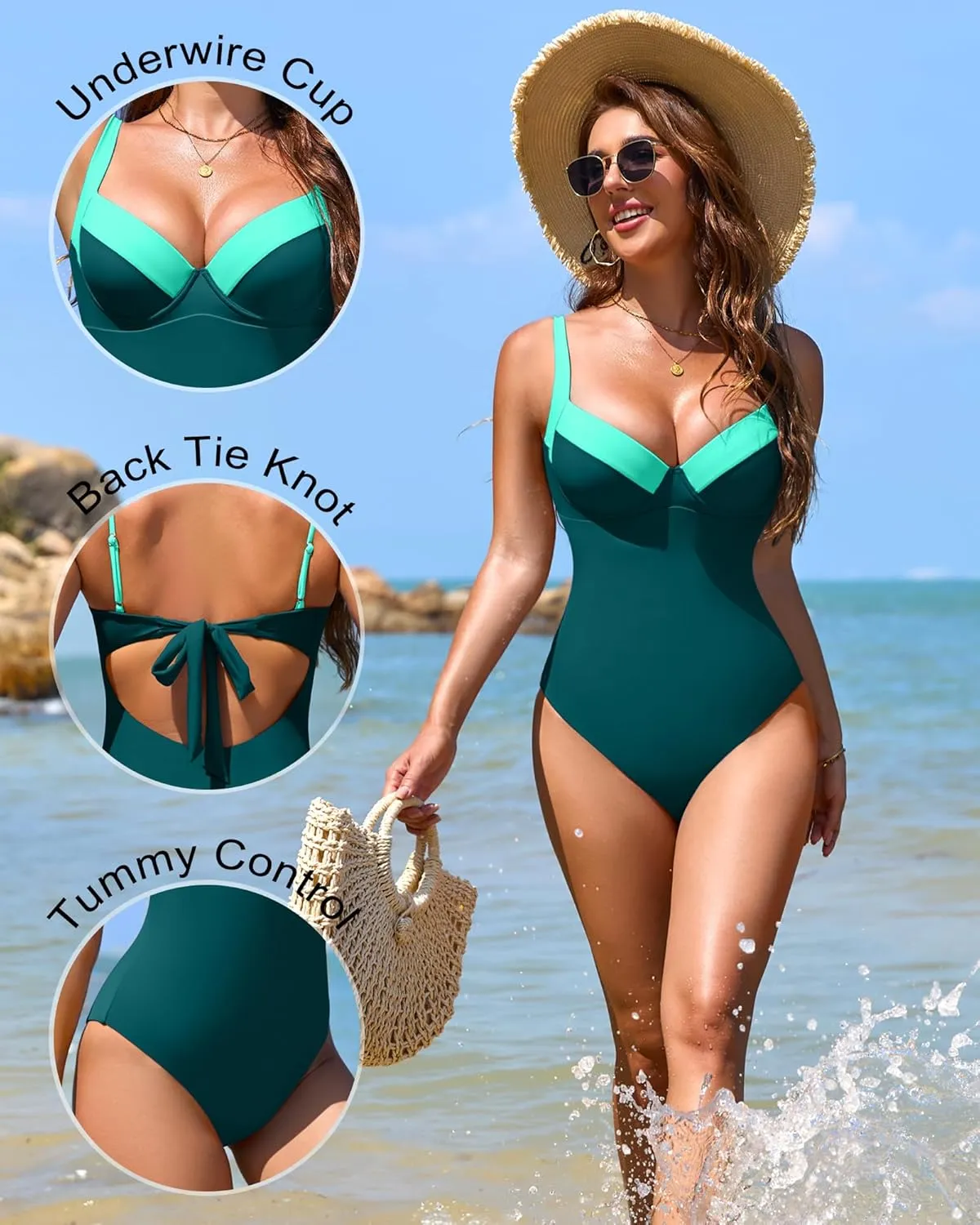 One Piece Swimsuit Women Tummy Control Push Up Underwire Swimwear Cheeky Bathing Suit Color Block Monokini