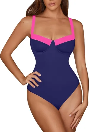 One Piece Swimsuit Women Tummy Control Push Up Underwire Swimwear Cheeky Bathing Suit Color Block Monokini