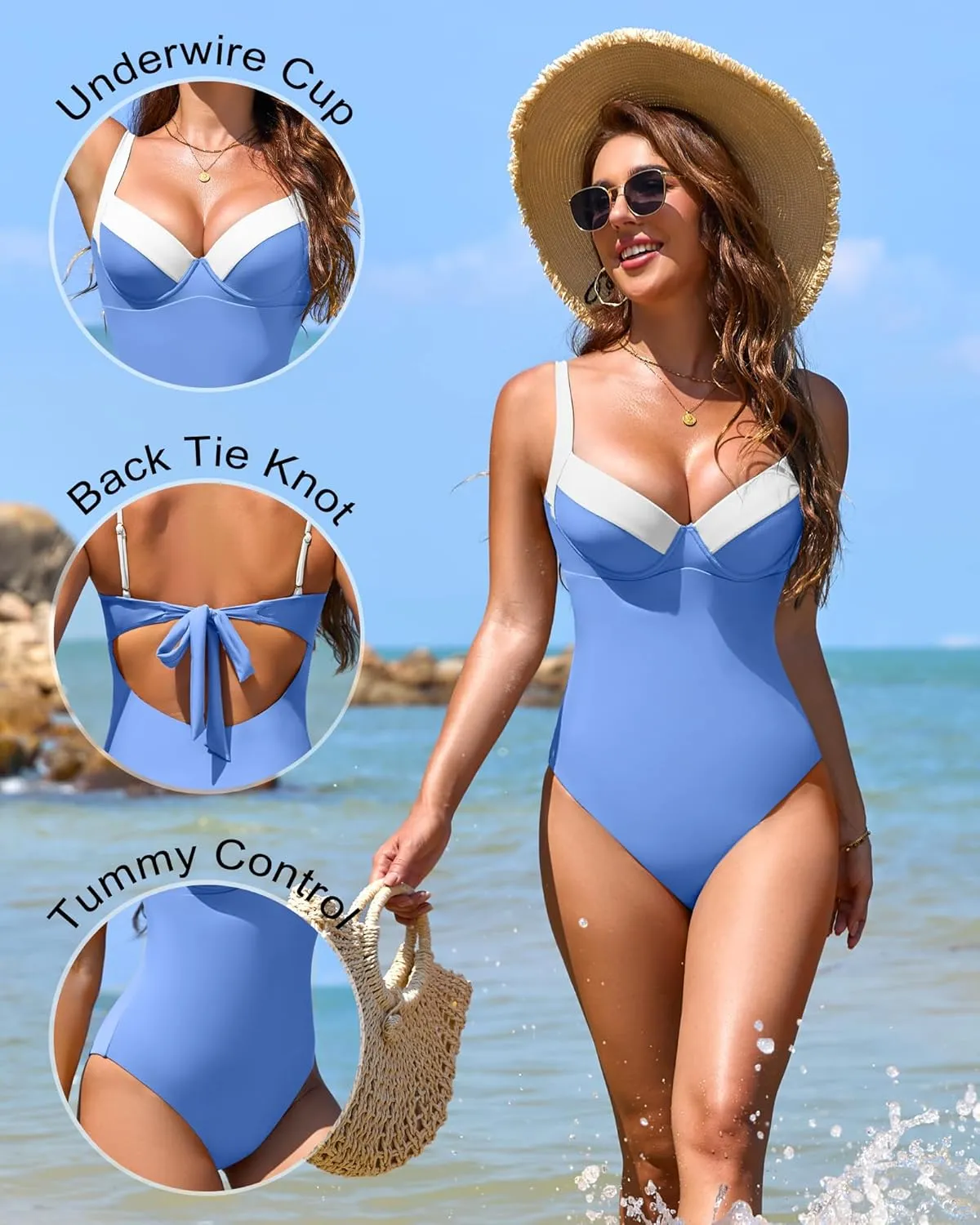 One Piece Swimsuit Women Tummy Control Push Up Underwire Swimwear Cheeky Bathing Suit Color Block Monokini
