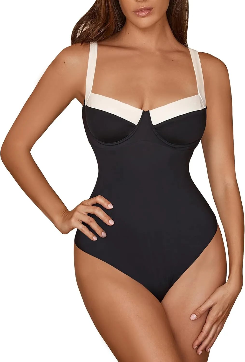 One Piece Swimsuit Women Tummy Control Push Up Underwire Swimwear Cheeky Bathing Suit Color Block Monokini