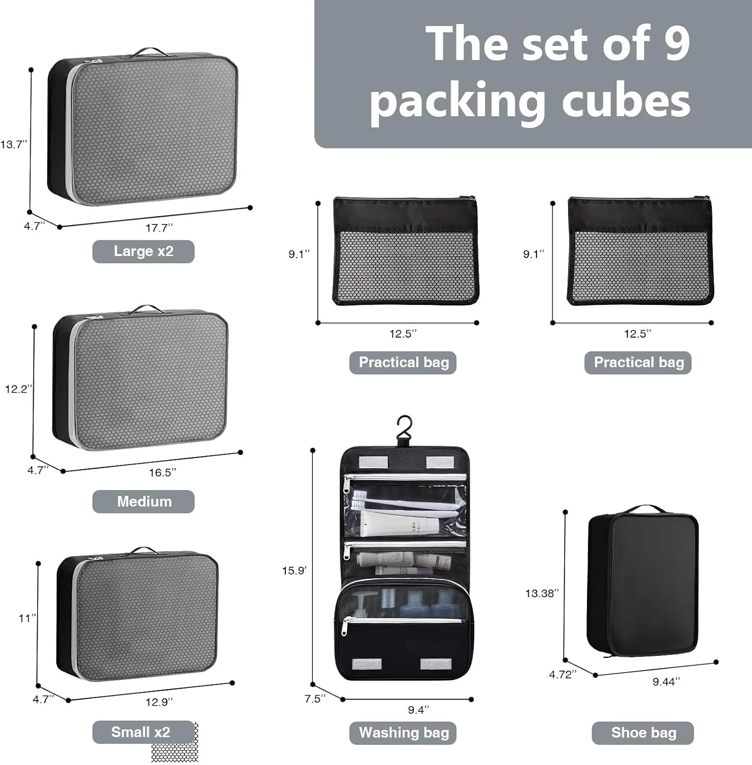 Packing Cubes 9 Set, Travel Organizer Bags for Luggage Packing Cubes for Carry on Suitcase, Travel Organizer for Toiletries Data Cable Clothes Shoes.(Black)