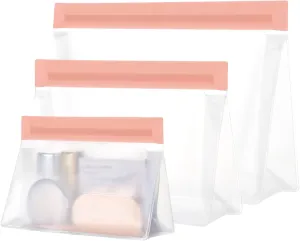 PACKISM Leak Proof Clear Travel Bags - Sealed Quart Size Travel Bag TSA Approved, Reusable Clear Makeup Bag with Flat Bottom, Food-grade PEVA, 1L 1M 1S, Pink