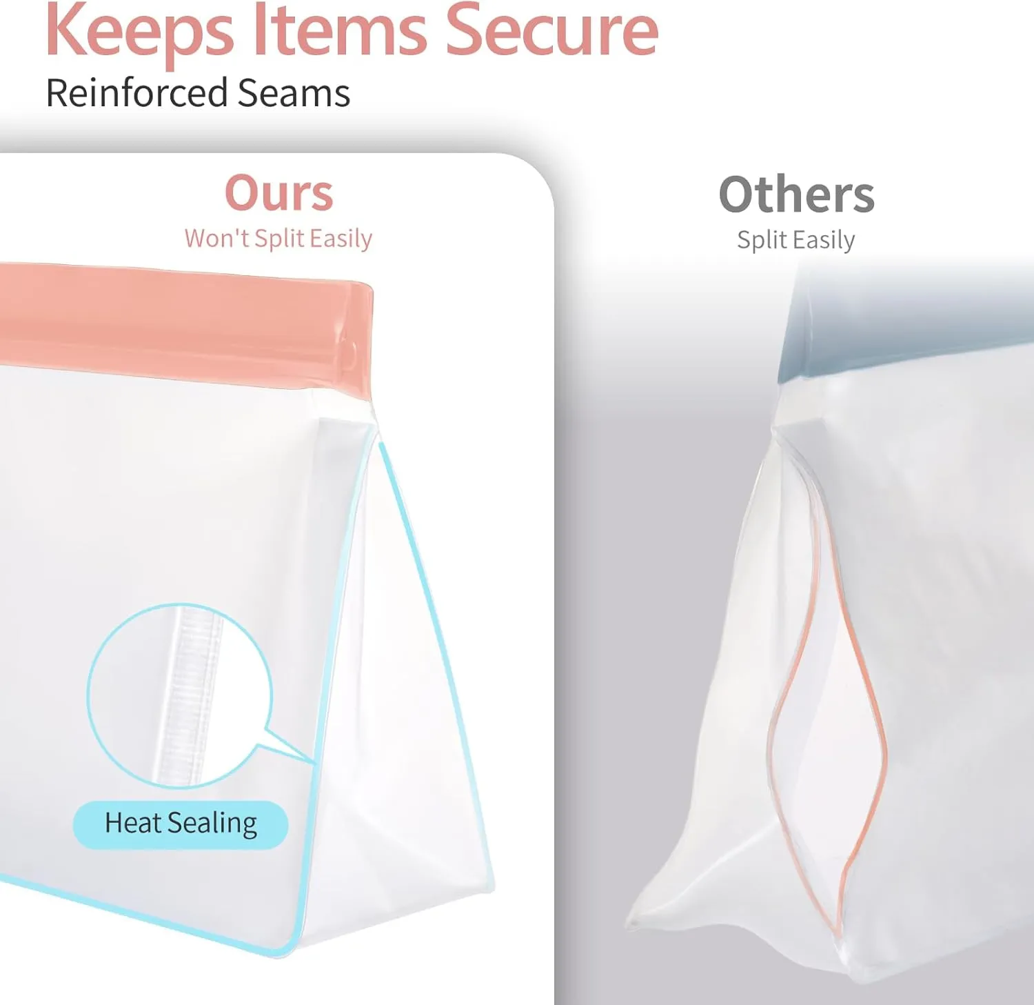 PACKISM Leak Proof Clear Travel Bags - Sealed Quart Size Travel Bag TSA Approved, Reusable Clear Makeup Bag with Flat Bottom, Food-grade PEVA, 1L 1M 1S, Pink