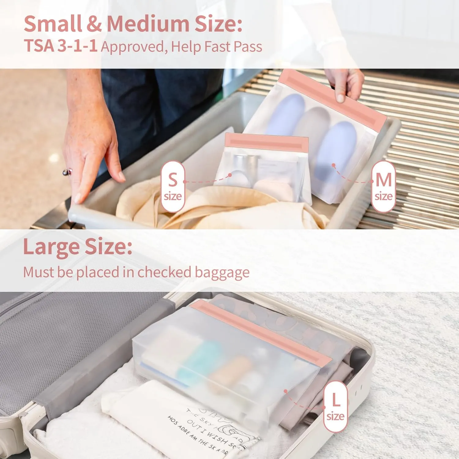 PACKISM Leak Proof Clear Travel Bags - Sealed Quart Size Travel Bag TSA Approved, Reusable Clear Makeup Bag with Flat Bottom, Food-grade PEVA, 1L 1M 1S, Pink