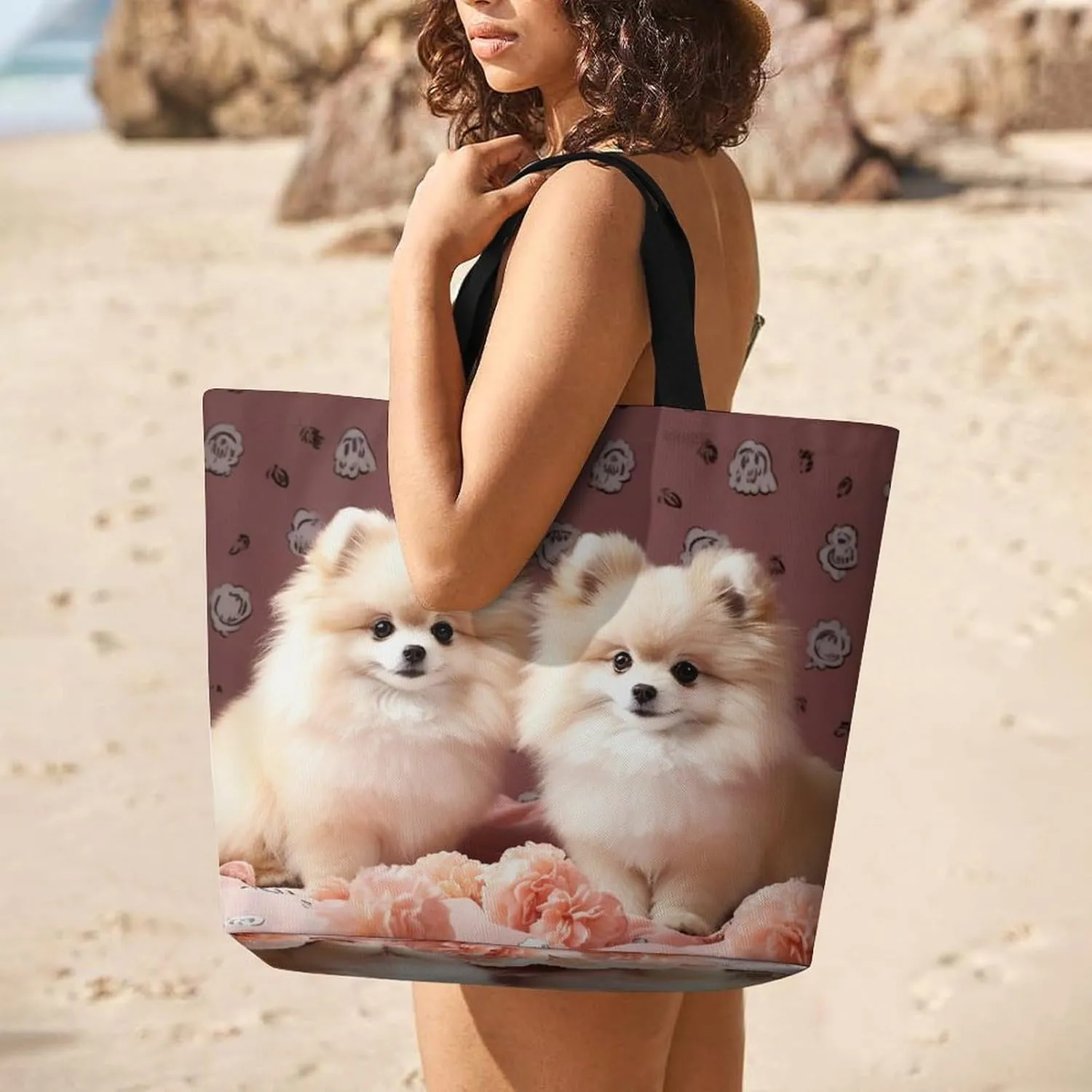 Painting Flower Pigs Beach Bag Reusable Tote Bag Foldable Grocery Bags Women Shopping Bags for Daily Essentials
