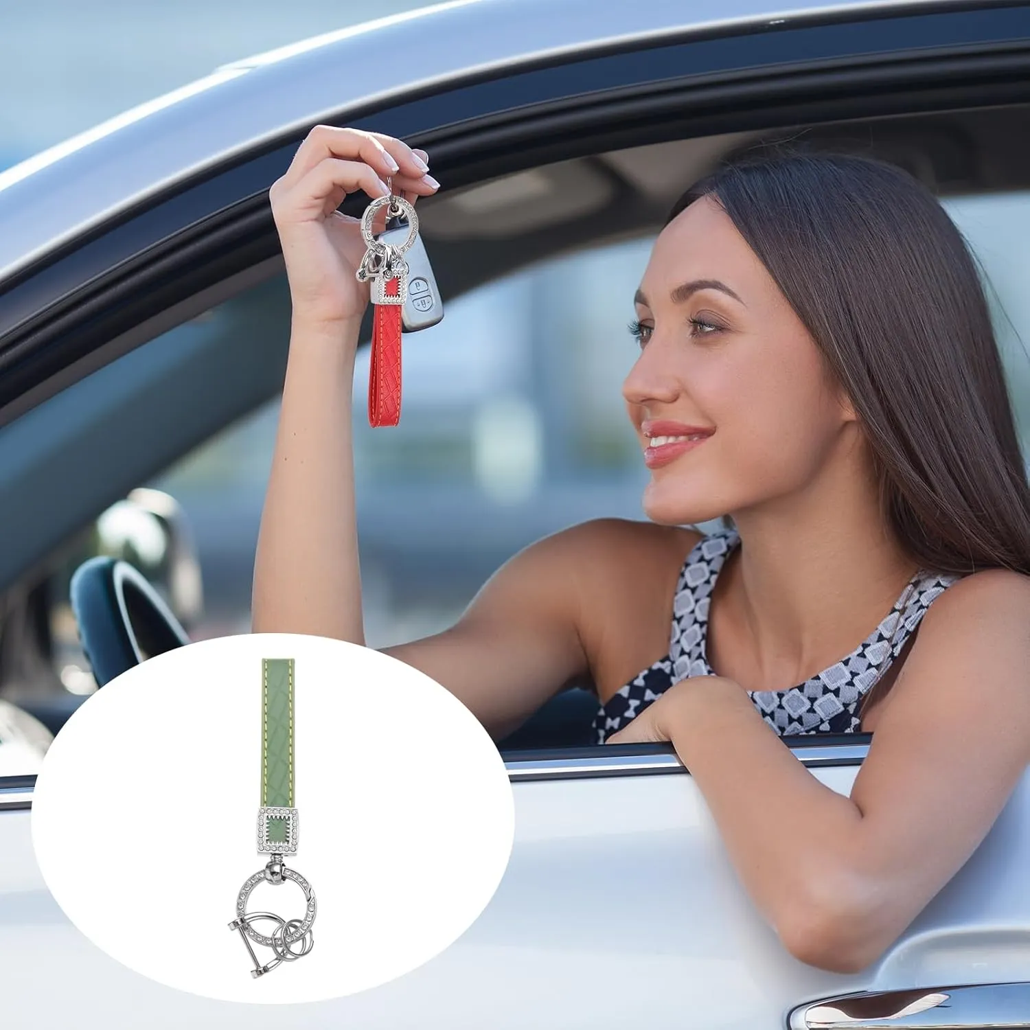 PATIKIL Leather Car Keychain, Bling Wristlet Keychains Key Fob Holder with Keyrings for Bag Backpacks Accessories