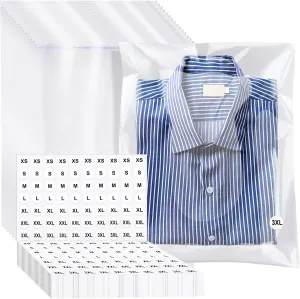 PerKoop 400 Pcs T Shirt Bags Clear Cellophane Plastic Thick Self Adhesive Clear T Shirt Bags for Packaging with 1400 Pcs Size Stickers 10"x13" Resealable Clothing Package for Jeans Small Business