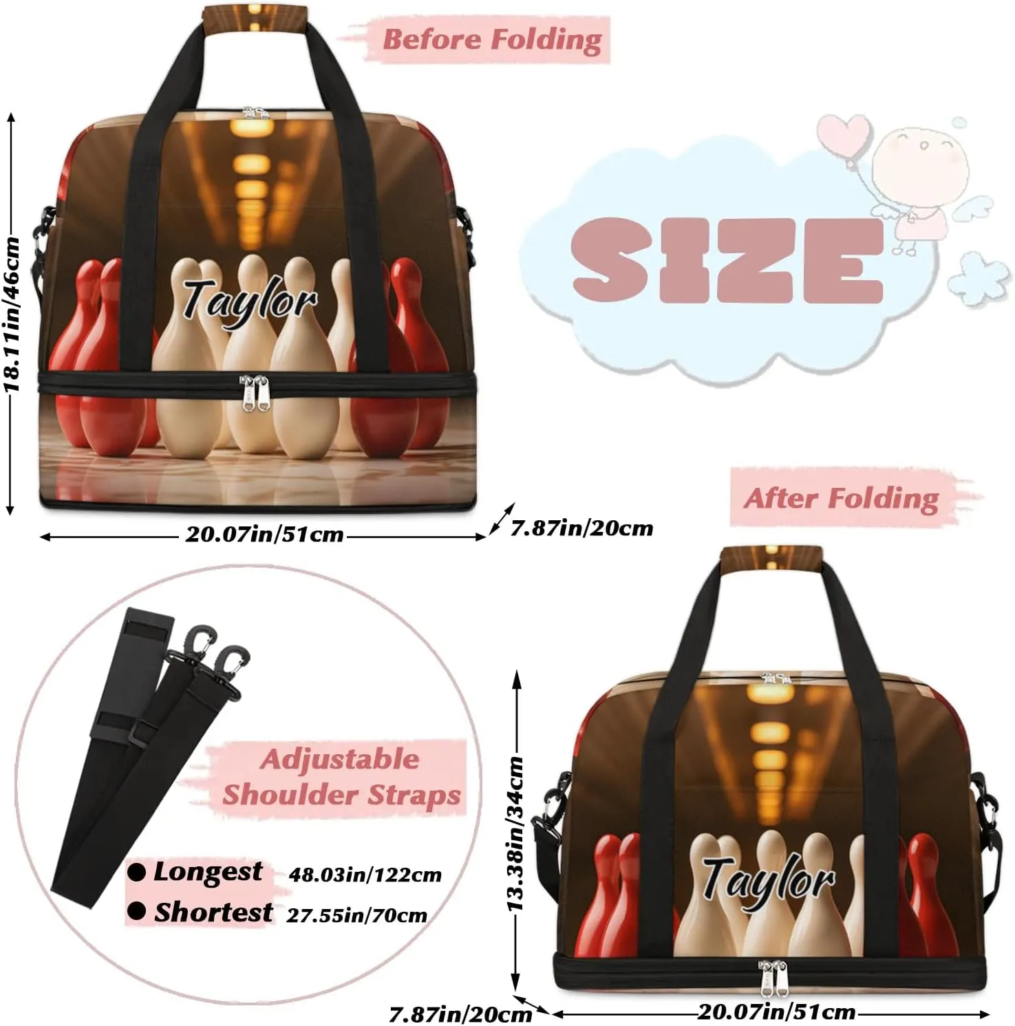 Personalized Duffel Bag with Name, Custom Bowling Travel Sports Gym Yoga Beach Bag Customized Weekender Overnight Bag with Shoes Compartment for Women, Sport Bowling Ball