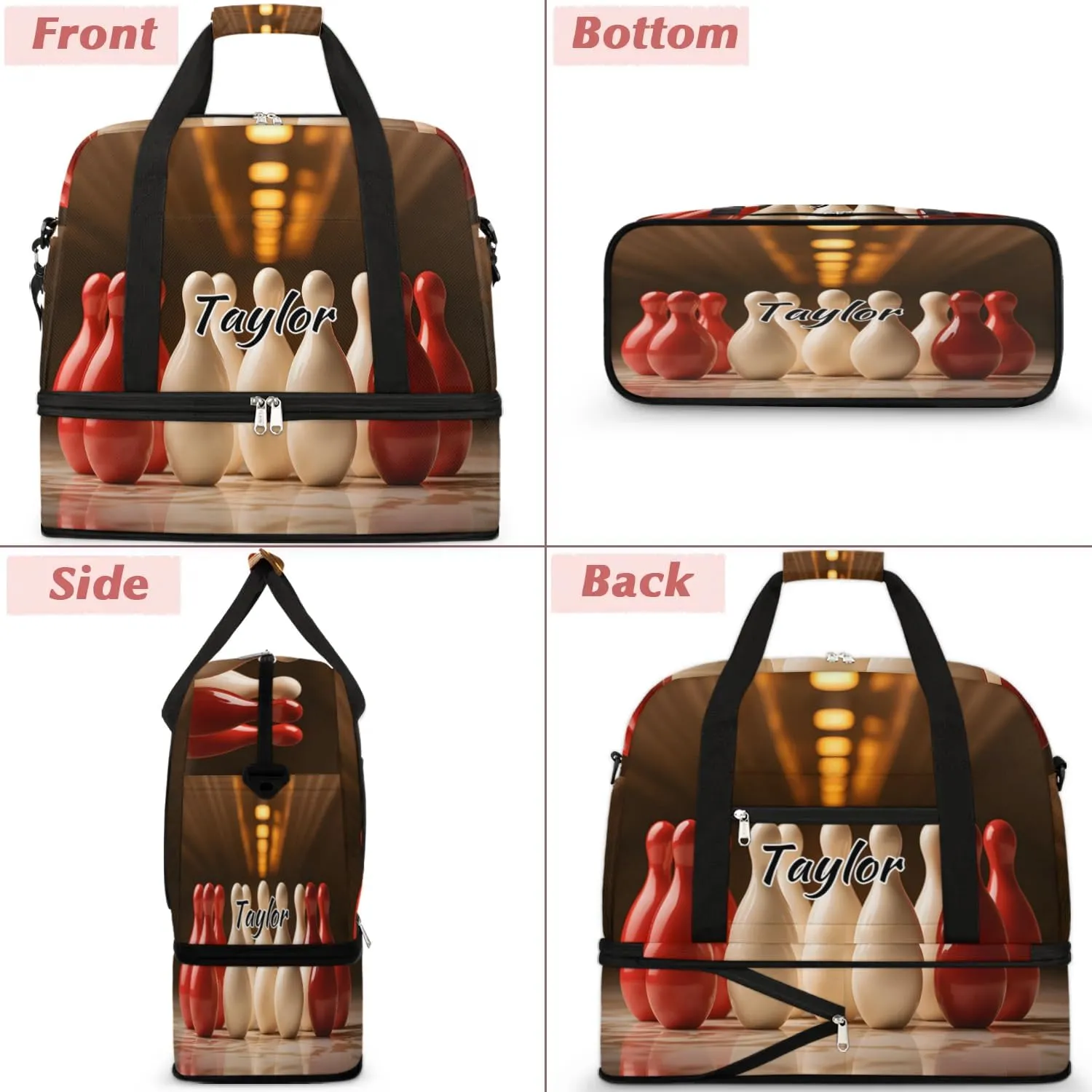 Personalized Duffel Bag with Name, Custom Bowling Travel Sports Gym Yoga Beach Bag Customized Weekender Overnight Bag with Shoes Compartment for Women, Sport Bowling Ball