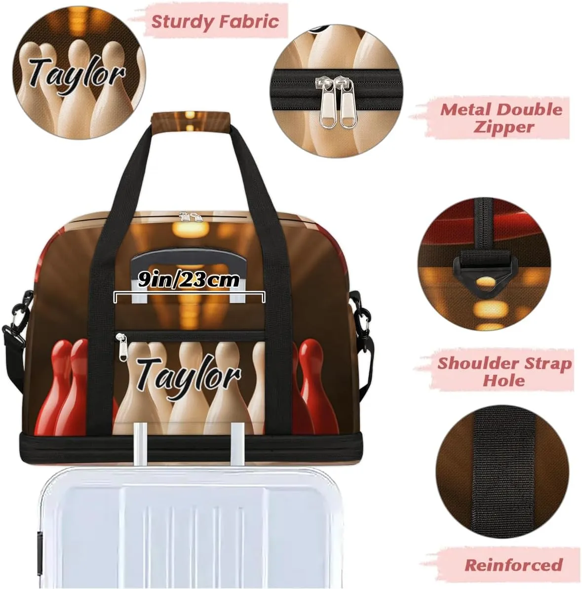 Personalized Duffel Bag with Name, Custom Bowling Travel Sports Gym Yoga Beach Bag Customized Weekender Overnight Bag with Shoes Compartment for Women, Sport Bowling Ball