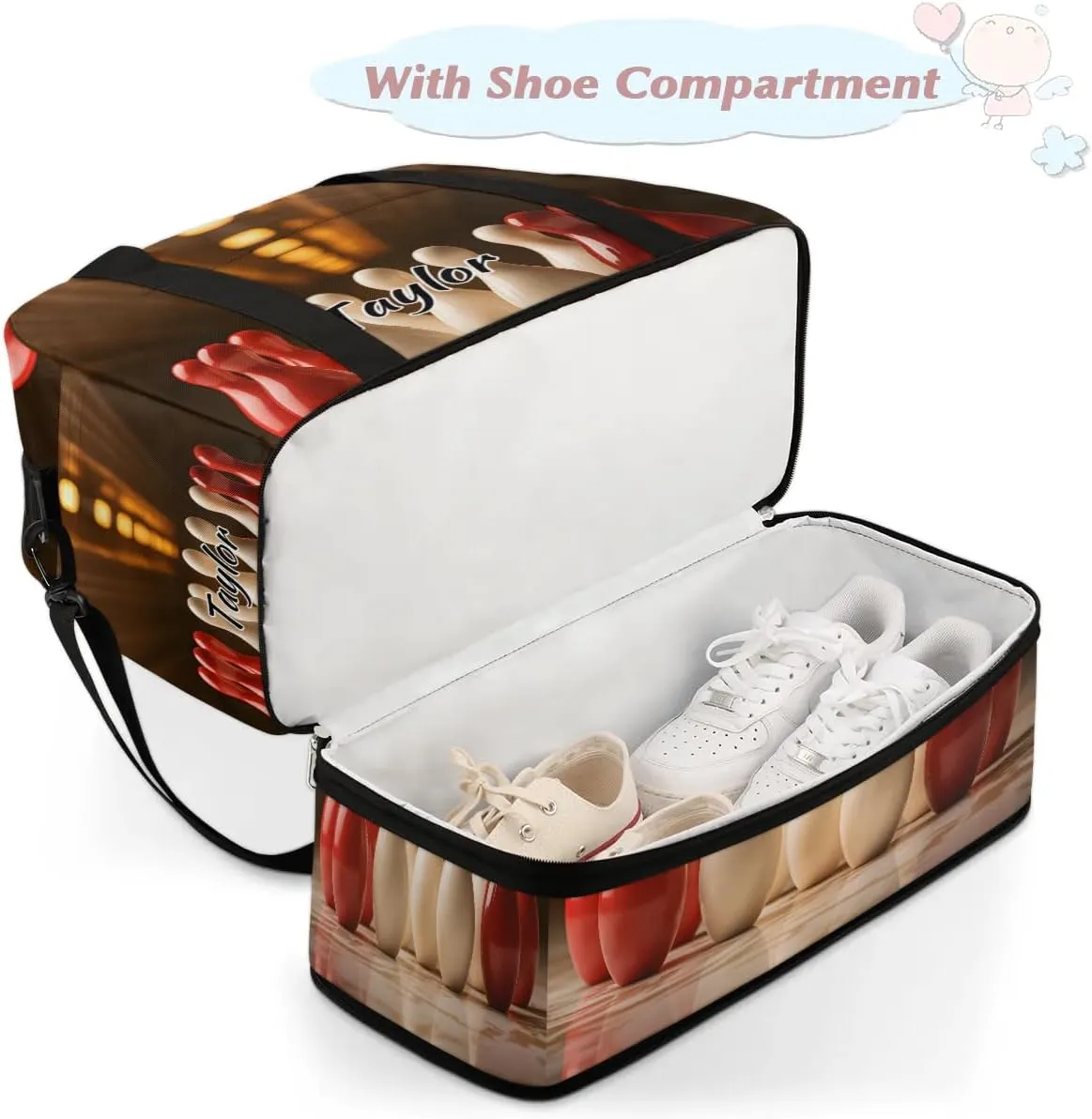 Personalized Duffel Bag with Name, Custom Bowling Travel Sports Gym Yoga Beach Bag Customized Weekender Overnight Bag with Shoes Compartment for Women, Sport Bowling Ball