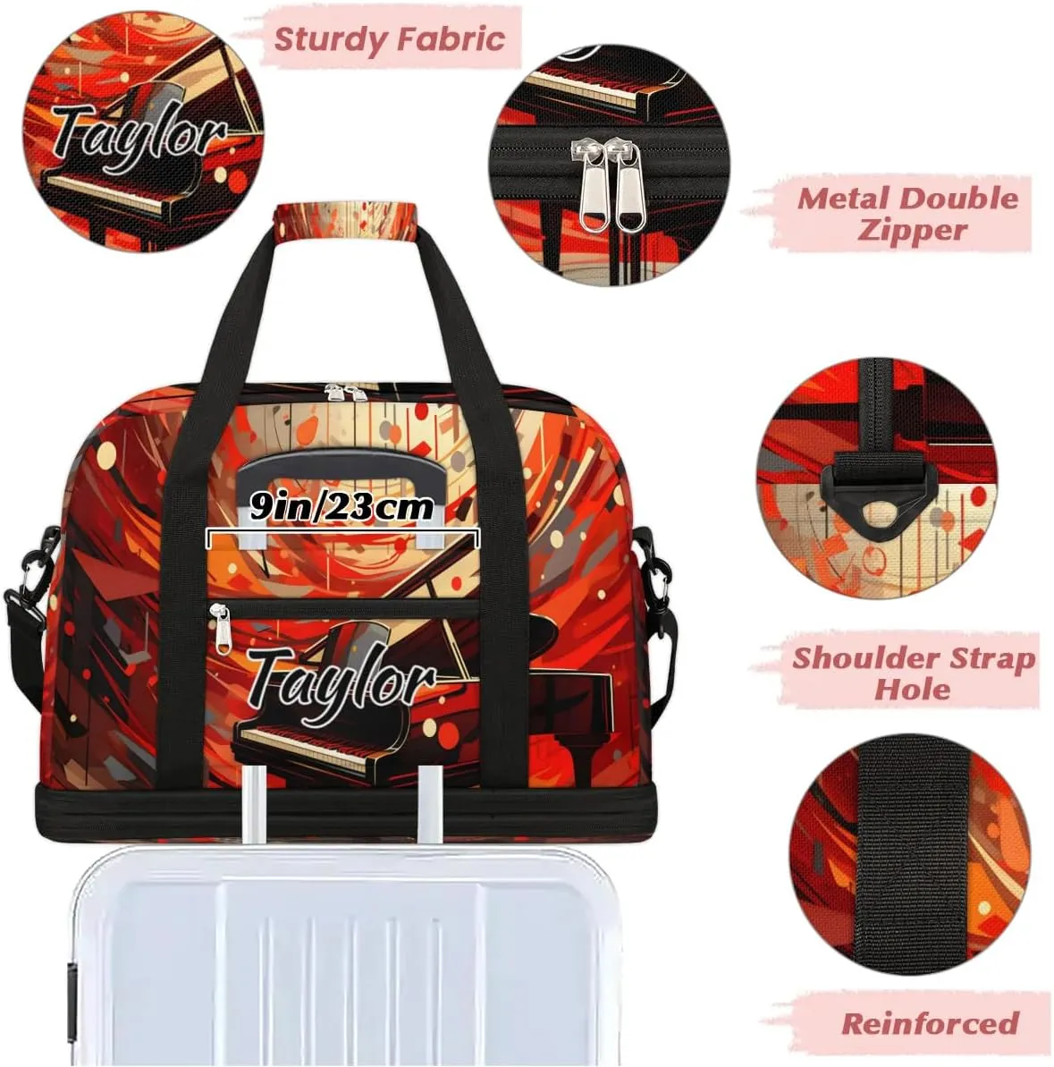 Personalized Duffel Bag with Name, Custom Music Travel Sports Gym Yoga Beach Bag Customized Weekender Overnight Bag with Shoes Compartment for Women, Piano Art
