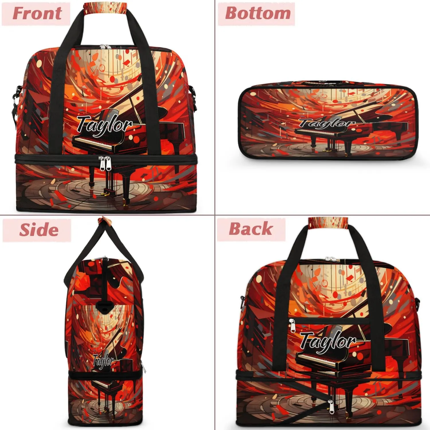 Personalized Duffel Bag with Name, Custom Music Travel Sports Gym Yoga Beach Bag Customized Weekender Overnight Bag with Shoes Compartment for Women, Piano Art
