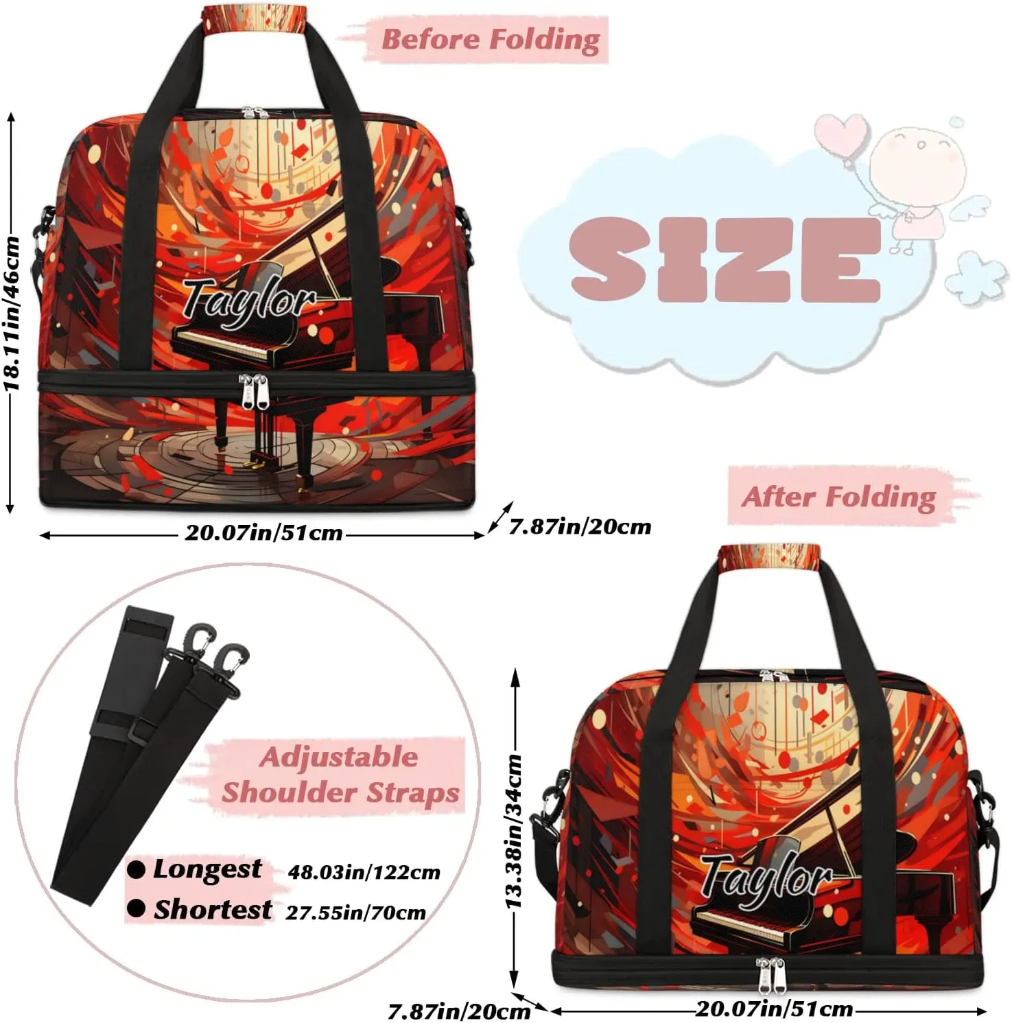 Personalized Duffel Bag with Name, Custom Music Travel Sports Gym Yoga Beach Bag Customized Weekender Overnight Bag with Shoes Compartment for Women, Piano Art