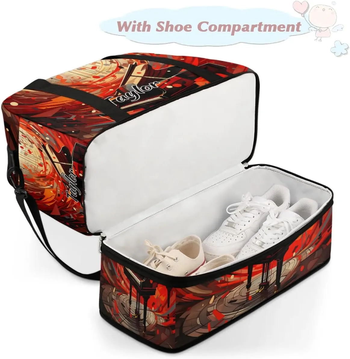 Personalized Duffel Bag with Name, Custom Music Travel Sports Gym Yoga Beach Bag Customized Weekender Overnight Bag with Shoes Compartment for Women, Piano Art