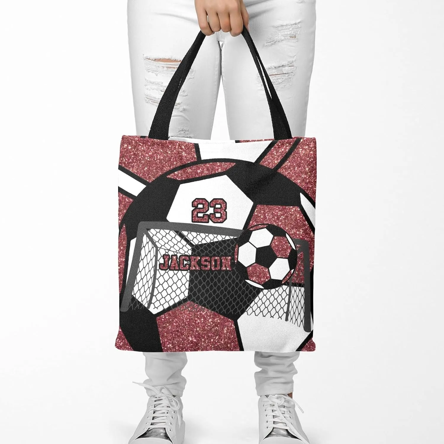 Personalized Name Gym Sport Soccer Ball Red Handbag Gift Bags Christmas Treat Bags for Holiday Party Gift Bags