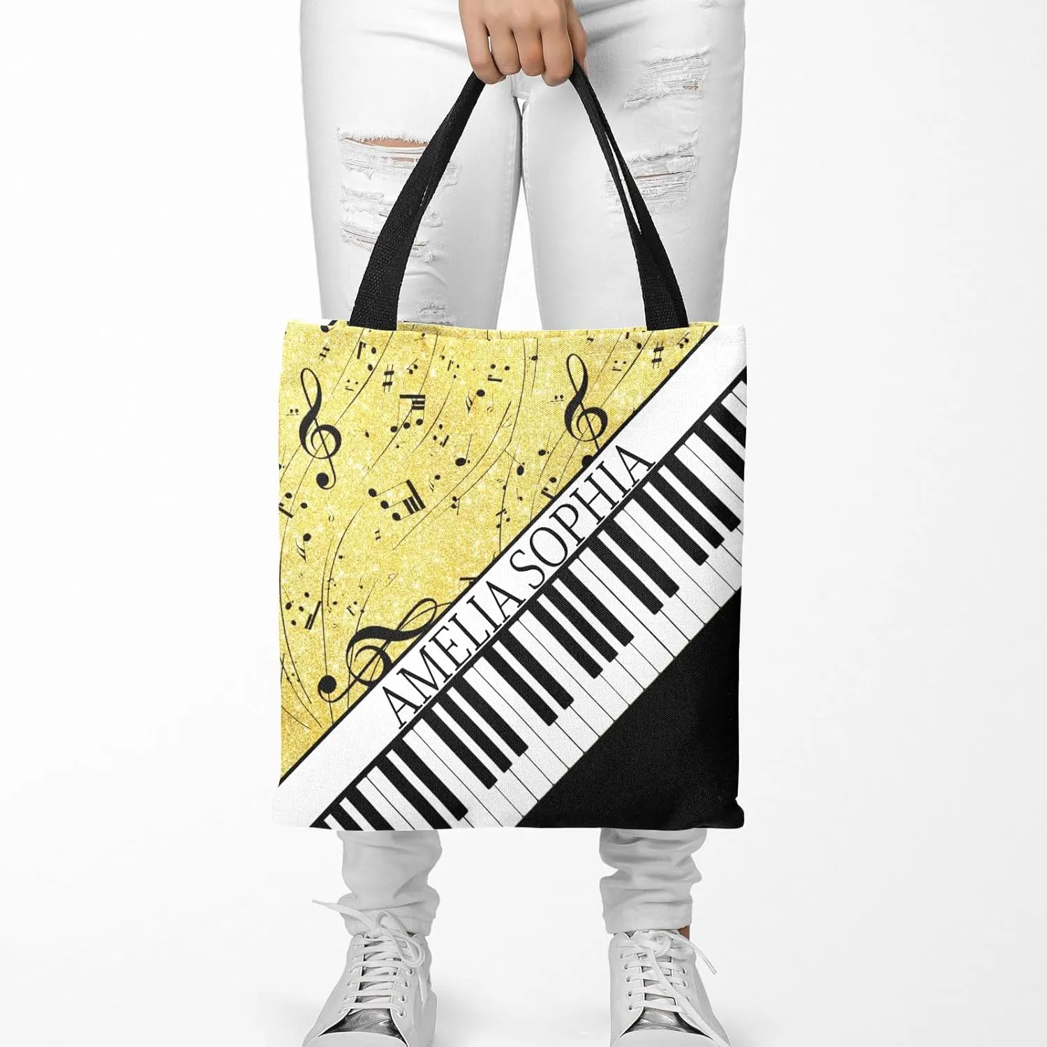 Personalized Name Ocean Glitter Music Note Piano Handbag Gift Bags Christmas Treat Bags for Holiday Party Gift Bags