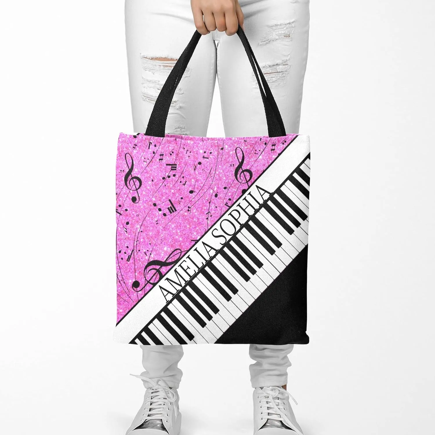 Personalized Name Ocean Glitter Music Note Piano Handbag Gift Bags Christmas Treat Bags for Holiday Party Gift Bags