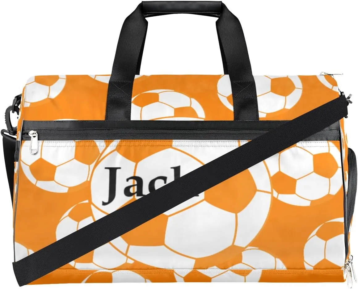 Personalized Soccer Ball Sport Gym Bag for Boys Men, Custom Name Travel Duffle Bag with Shoes Compartment Swimming Overnight Weekender Duffel Bag Orange Football