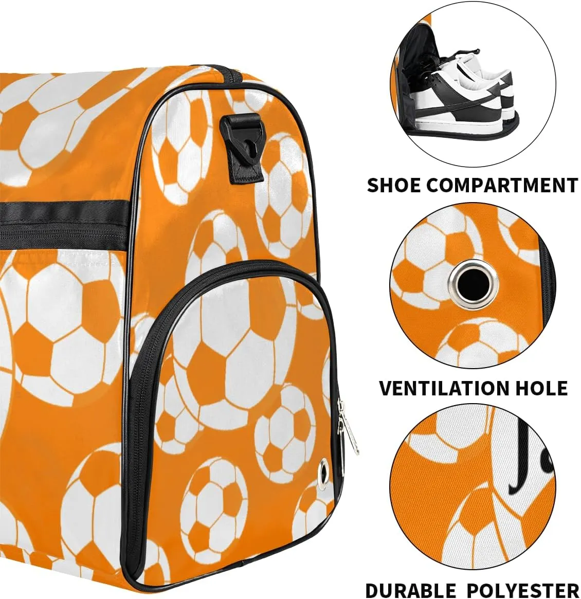 Personalized Soccer Ball Sport Gym Bag for Boys Men, Custom Name Travel Duffle Bag with Shoes Compartment Swimming Overnight Weekender Duffel Bag Orange Football